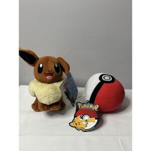 Pokemon Evee And Poke' Ball Plush Toys By Tomy Lot Of 2